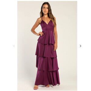 Lulus Going With Elegance Plum Purple Satin Tiered Gown - Size 1X
